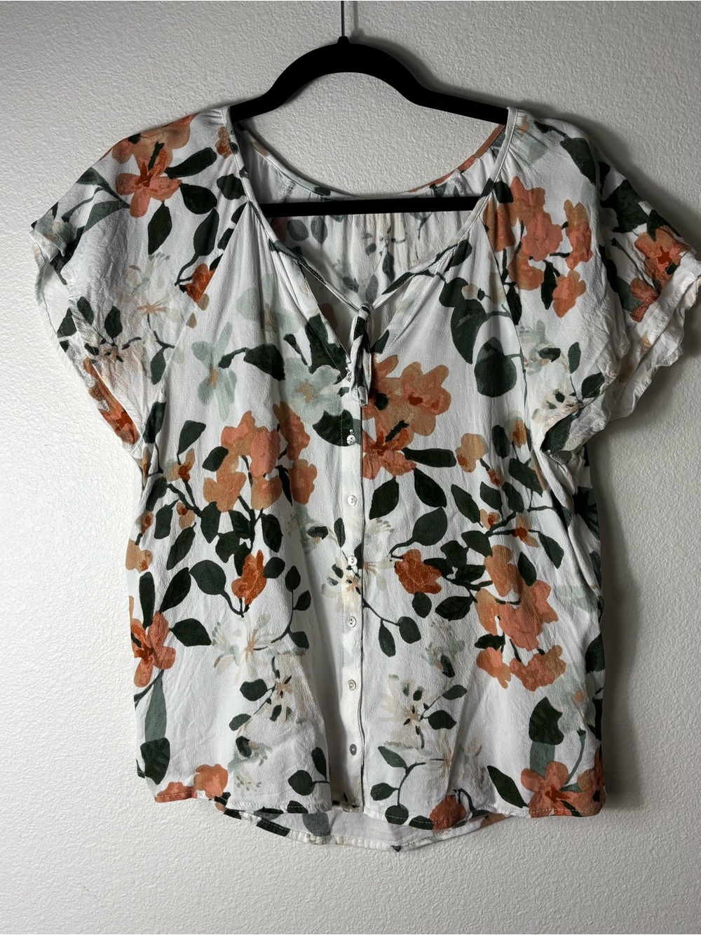 Lovestitch Floral Tie Neck Button Front Blouse Flutter Sleeve L